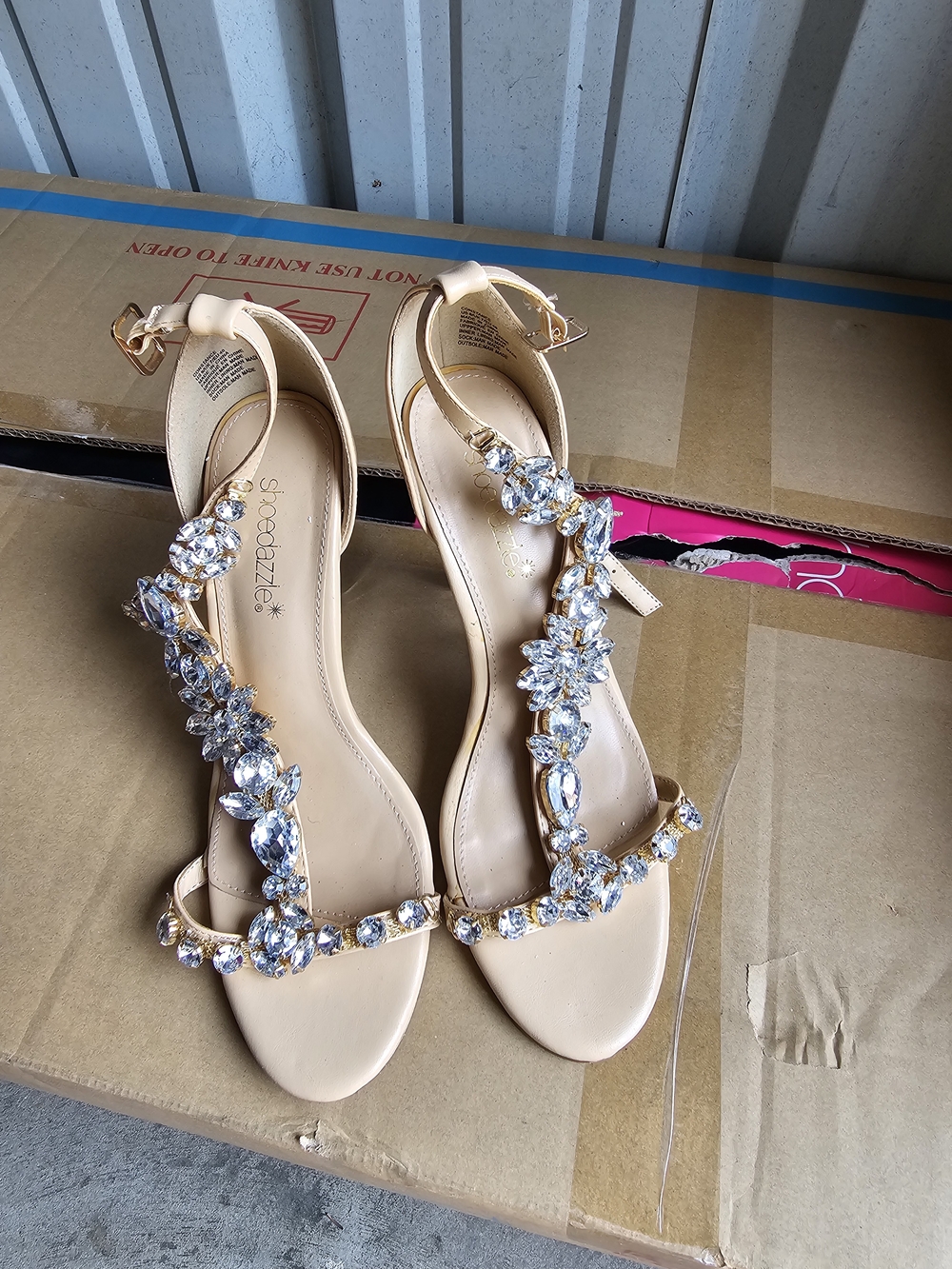 Shoe Dazzle Beige Crystal T-Strap Ankle Strap Sandals